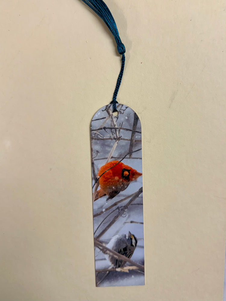 Cardinal and Sparrow Woodpecker Metal Bookmark